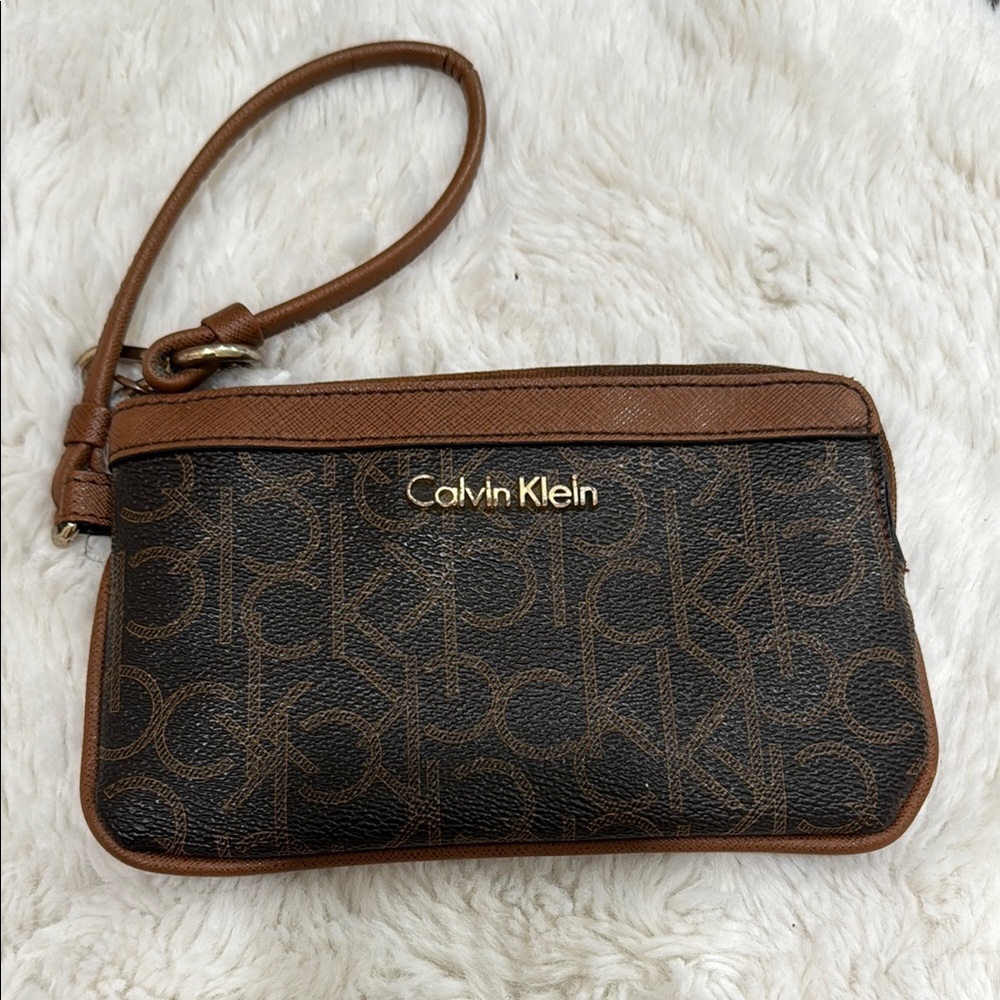 Calvin Klein Tan and Black Logo Wristlet